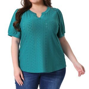 Plus Size Tops Hollow Casual V Neck Short Sleeve Summer Blouse Turquoise